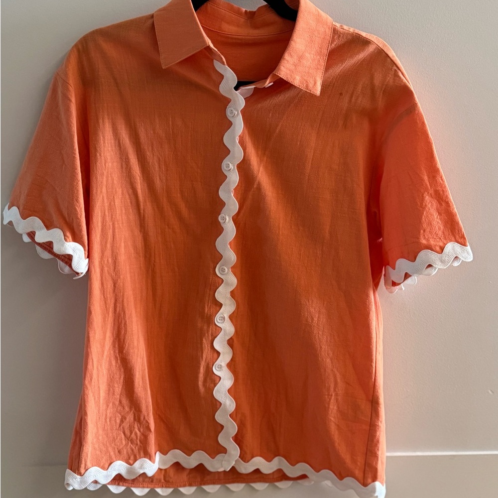 Amazon Orange Button Down Shirt with White Accents